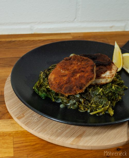 Kohlrabi-Schnitzel auf Zitronen-Spinat-Gemüse