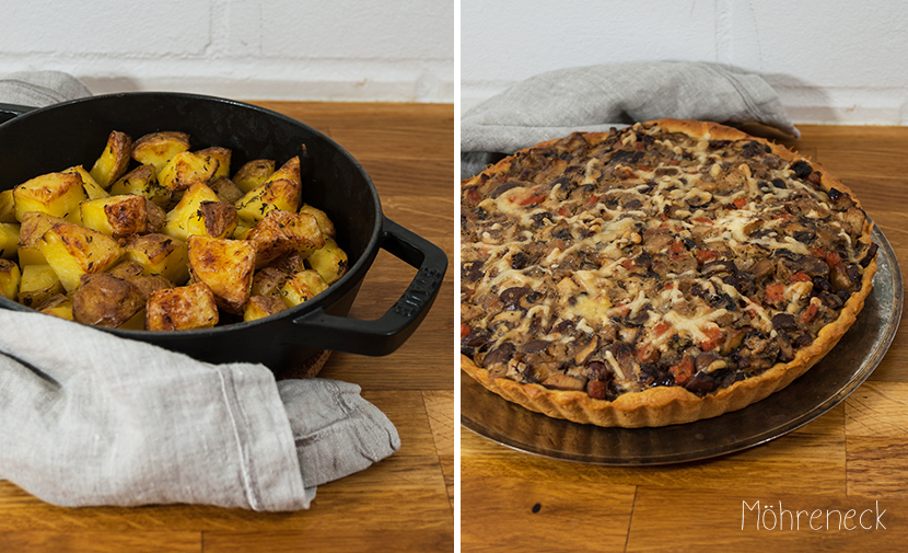 Pilz-Maronen-Tarte mit Rotwein-Schalotten und Röstkartoffeln